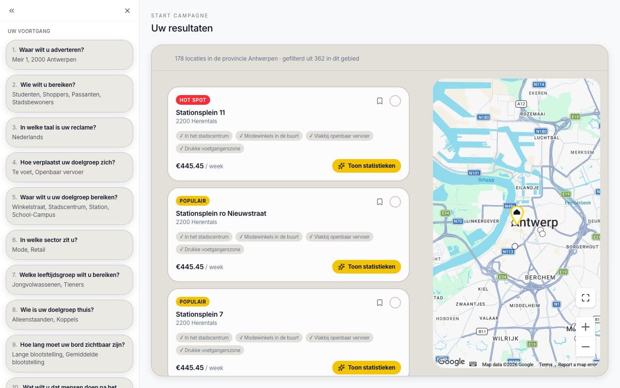 De Wizard rangschikt de best passende locaties voor u.