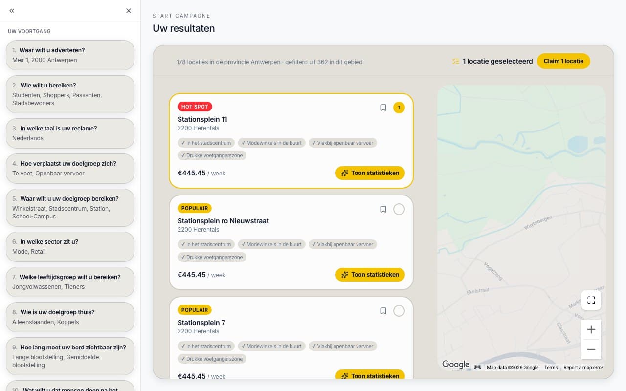 Selecteer de locaties die u wilt en start uw aanvraag.